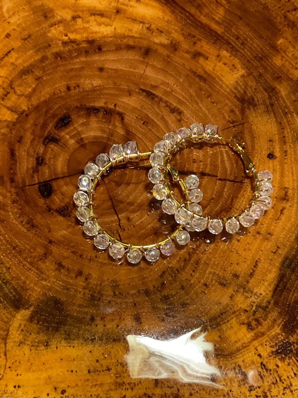 Gold Hoop Earrings with Clear Crystal Beads - Women Jewelry